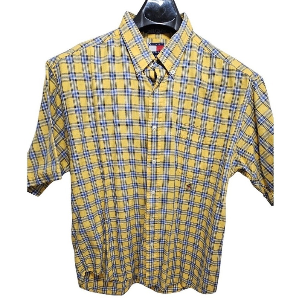Tommy Hilfiger Mens XL Vintage Yellow Blue Plaid Short Sleeve Button Down Shirt